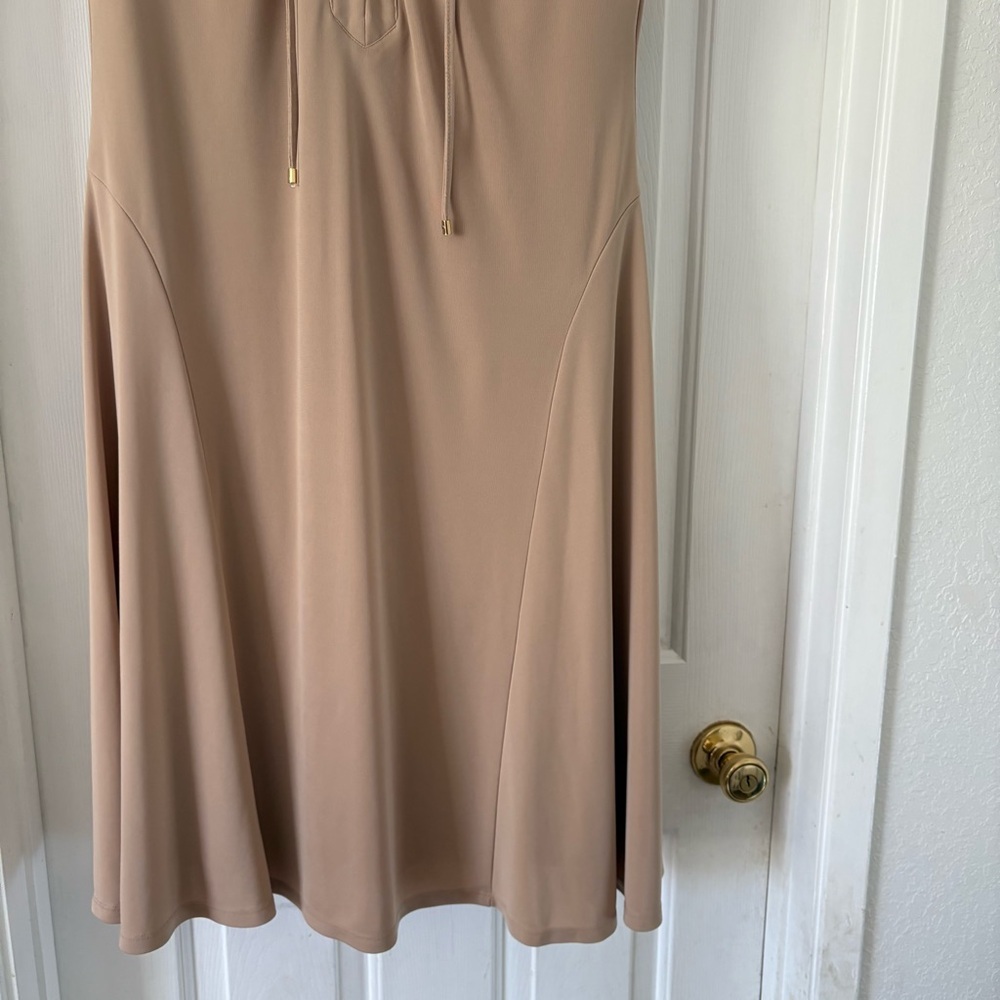 Lauren Ralph Lauren Lace Up Dress Midi Stretch Womens 12 Flowy Tan Flounce Work - Picture 3 of 10